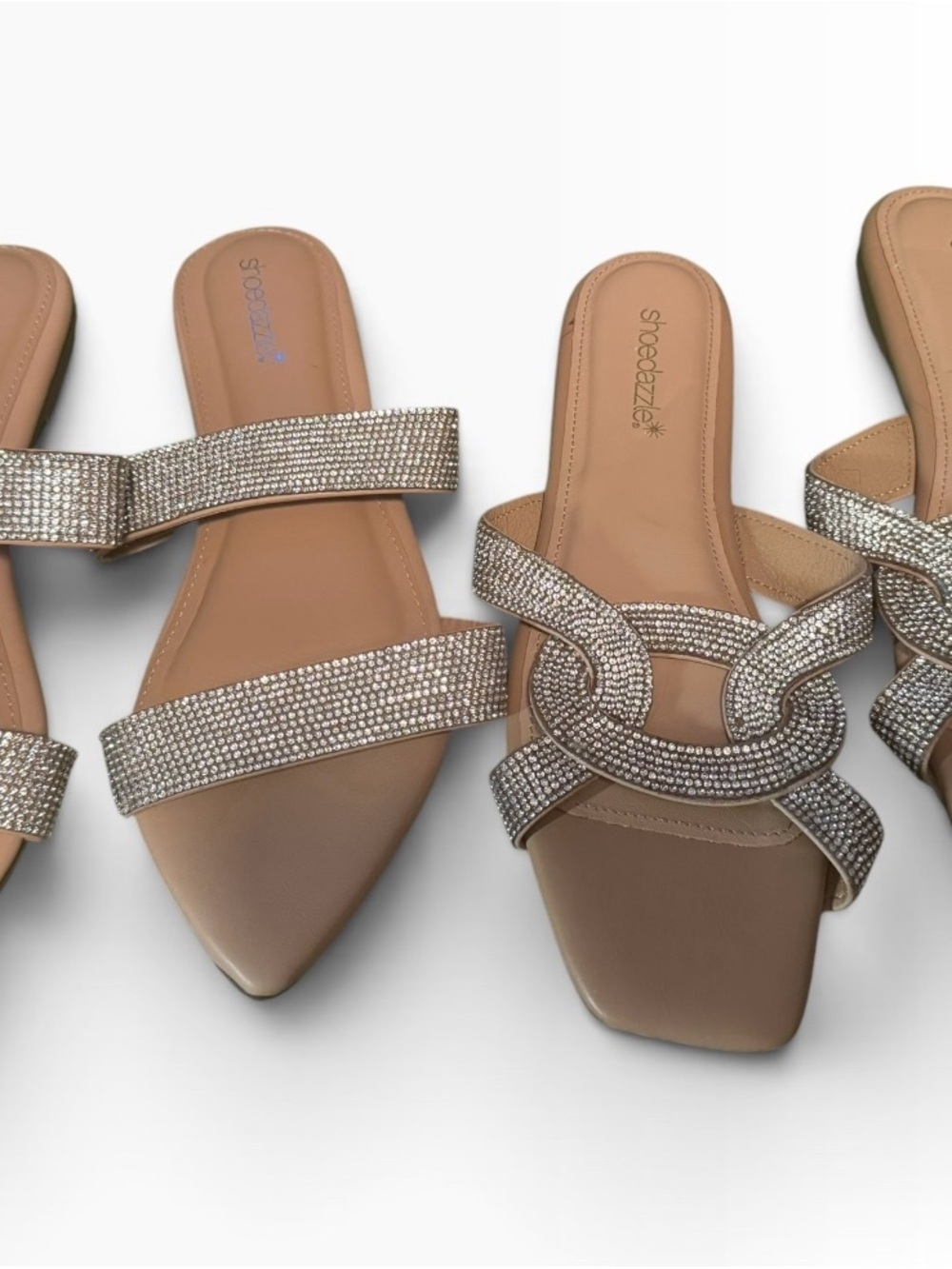 Shoe Dazzle Tan Rhinestone Embellished Slide Sandals